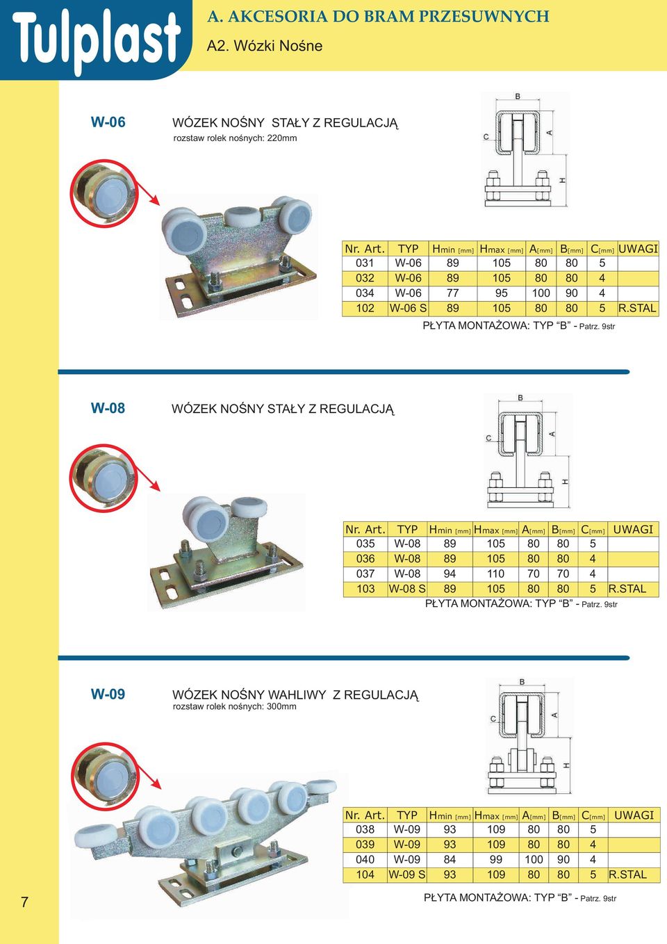 . WÓZEK NOŒNY STA Y Z REGULACJ Nr. Art. TYP Hmin [mm] Hmax [mm] A[mm] B[mm] C[mm] UWAGI 03 W-08 89 0 036 W-08 89 0 4 037 W-08 94 0 70 70 4 03 W-08 S 89 0 R.