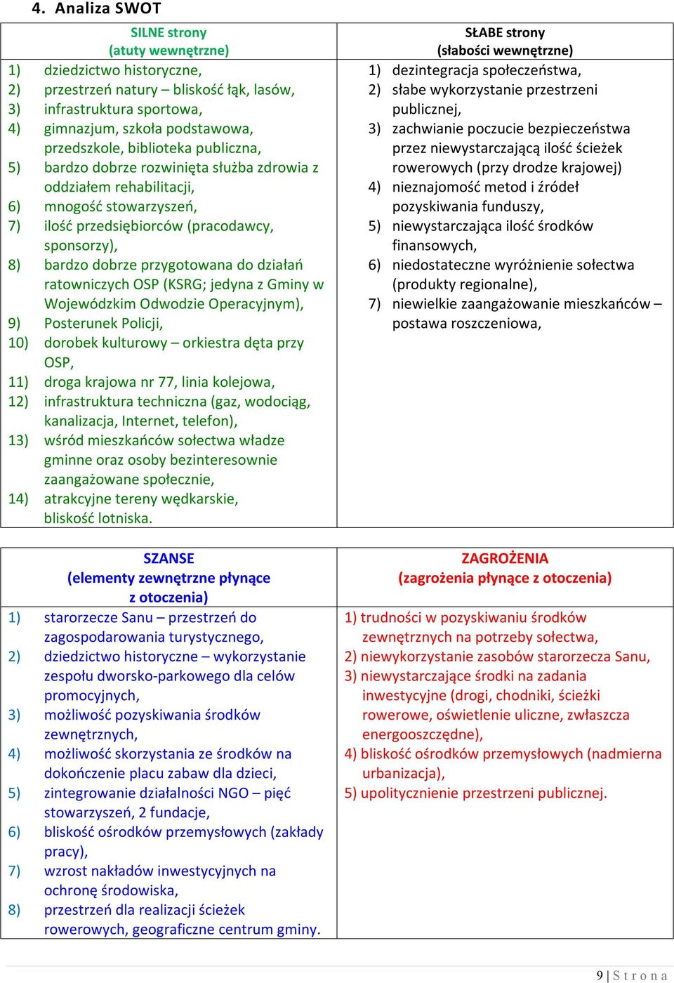 działań ratowniczych OSP (KSRG; jedyna z Gminy w Wojewódzkim Odwodzie Operacyjnym), 9) Posterunek Policji, 10) dorobek kulturowy orkiestra dęta przy OSP, 11) droga krajowa nr 77, linia kolejowa, 12)