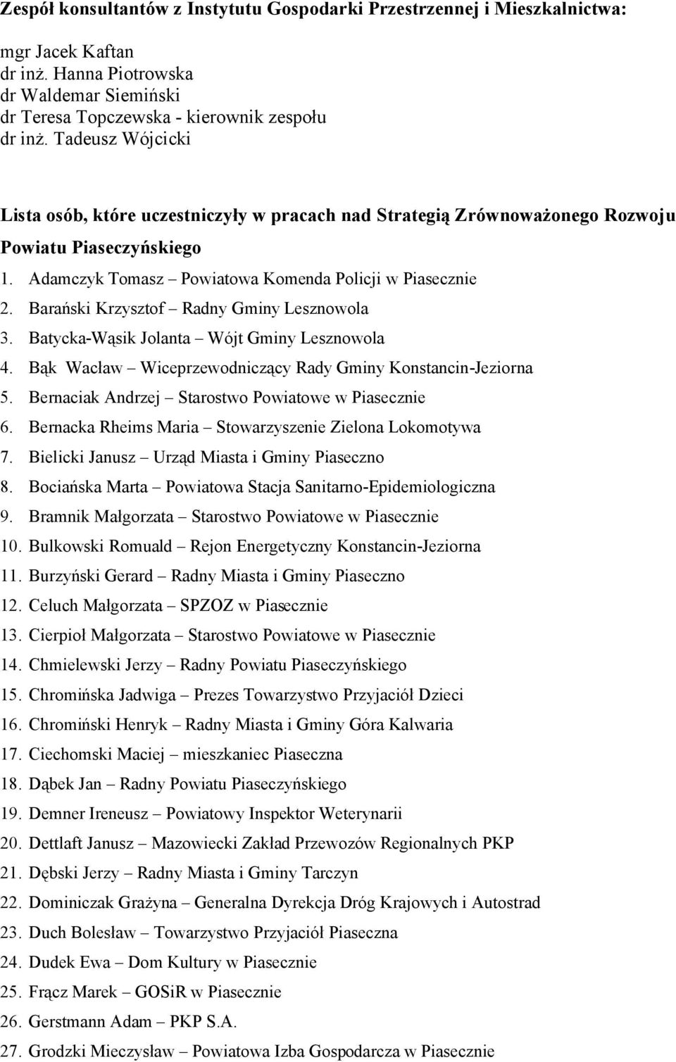 Barański Krzysztof Radny Gminy Lesznowola 3. Batycka-Wąsik Jolanta Wójt Gminy Lesznowola 4. Bąk Wacław Wiceprzewodniczący Rady Gminy Konstancin-Jeziorna 5.