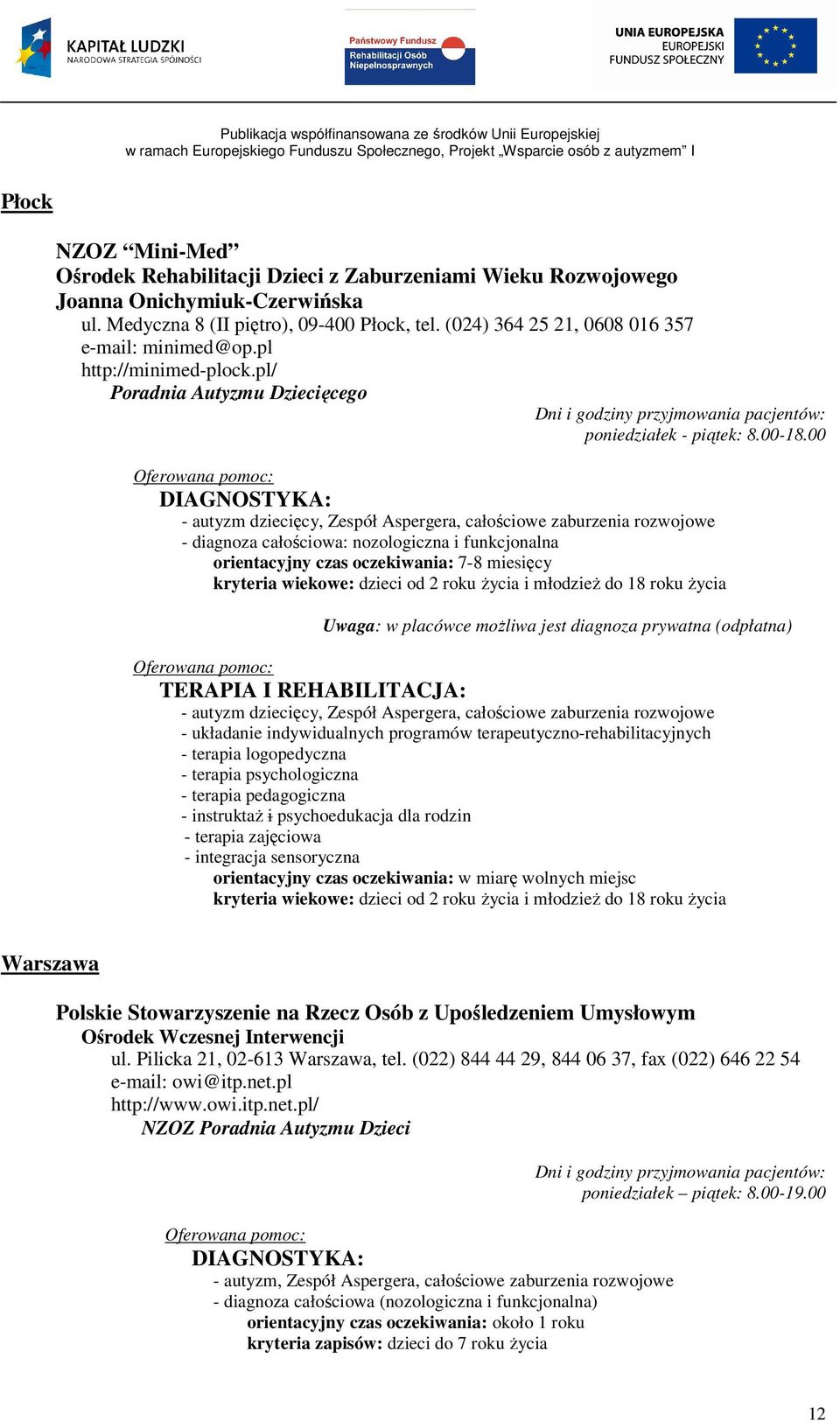 00 Oferowana pomoc: DIAGNOSTYKA: - autyzm dziecięcy, Zespół Aspergera, całościowe zaburzenia rozwojowe - diagnoza całościowa: nozologiczna i funkcjonalna orientacyjny czas oczekiwania: 7-8 miesięcy