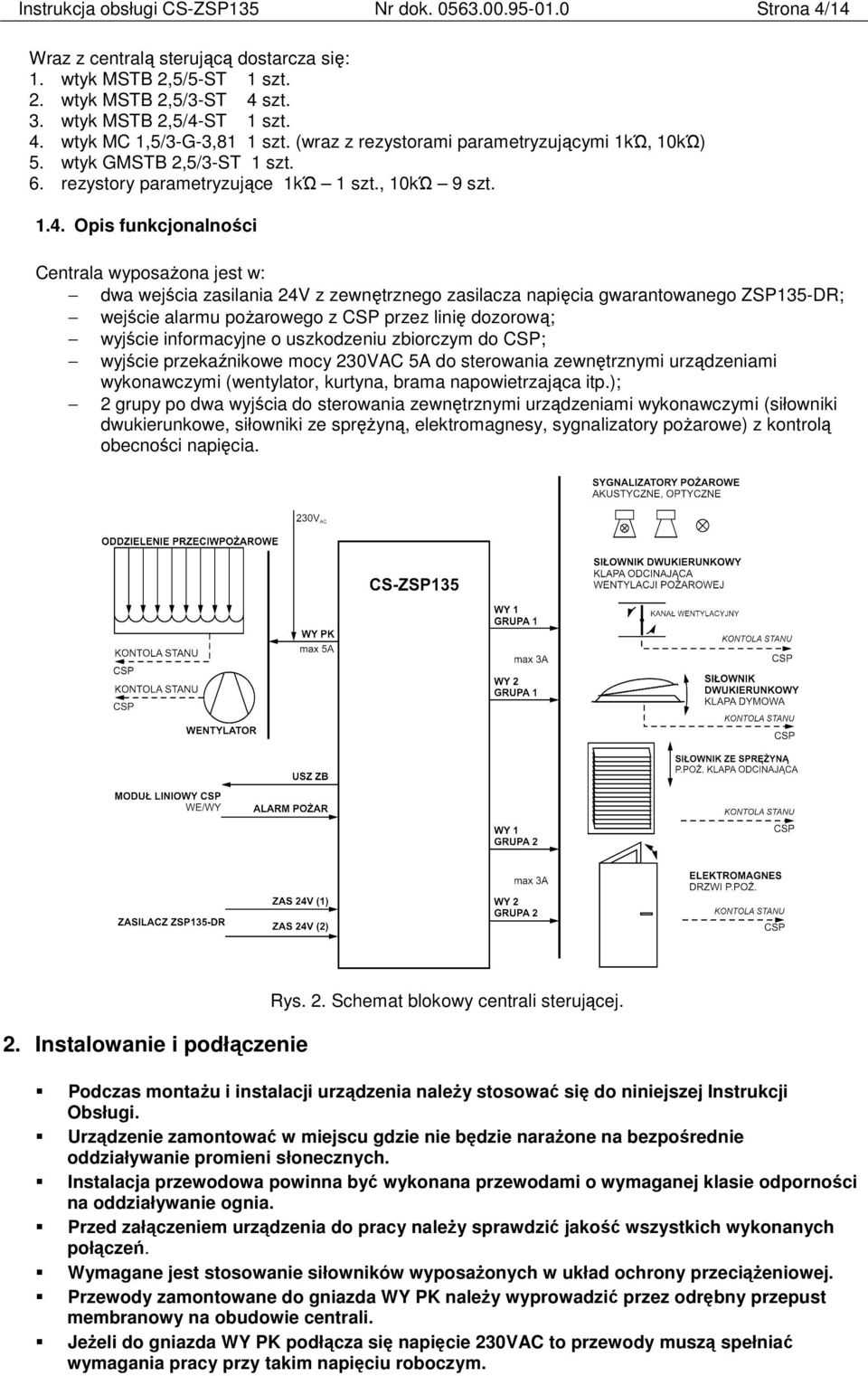 Opis funkcjonalności Centrala wyposażona jest w: dwa wejścia zasilania 24V z zewnętrznego zasilacza napięcia gwarantowanego ZSP135-DR; wejście alarmu pożarowego z CSP przez linię dozorową; wyjście