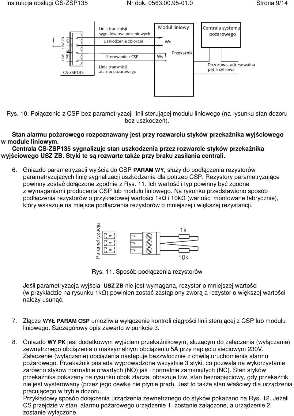 Centrala CS-ZSP135 sygnalizuje stan uszkodzenia przez rozwarcie styków przekaźnika wyjściowego USZ ZB. Styki te są rozwarte także przy braku zasilania centrali. 6.