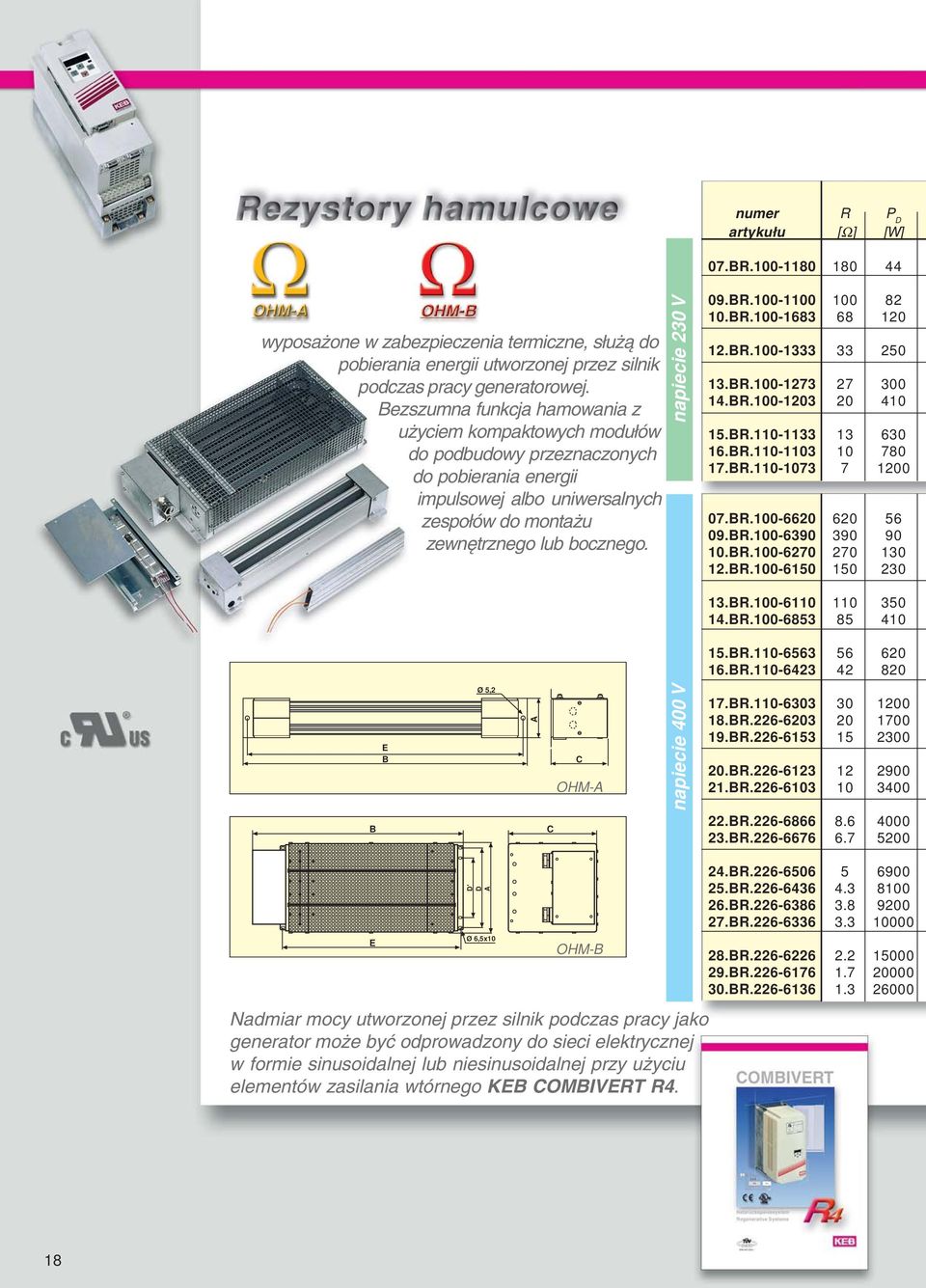 B E B Ø 5,2 A C C OHM-A napiecie 400 V napiecie 230 V 09.BR.100-1100 100 82 10.BR.100-1683 68 120 12.BR.100-1333 33 250 13.BR.100-1273 27 300 14.BR.100-1203 20 410 15.BR.110-1133 13 630 16.BR.110-1103 10 780 17.