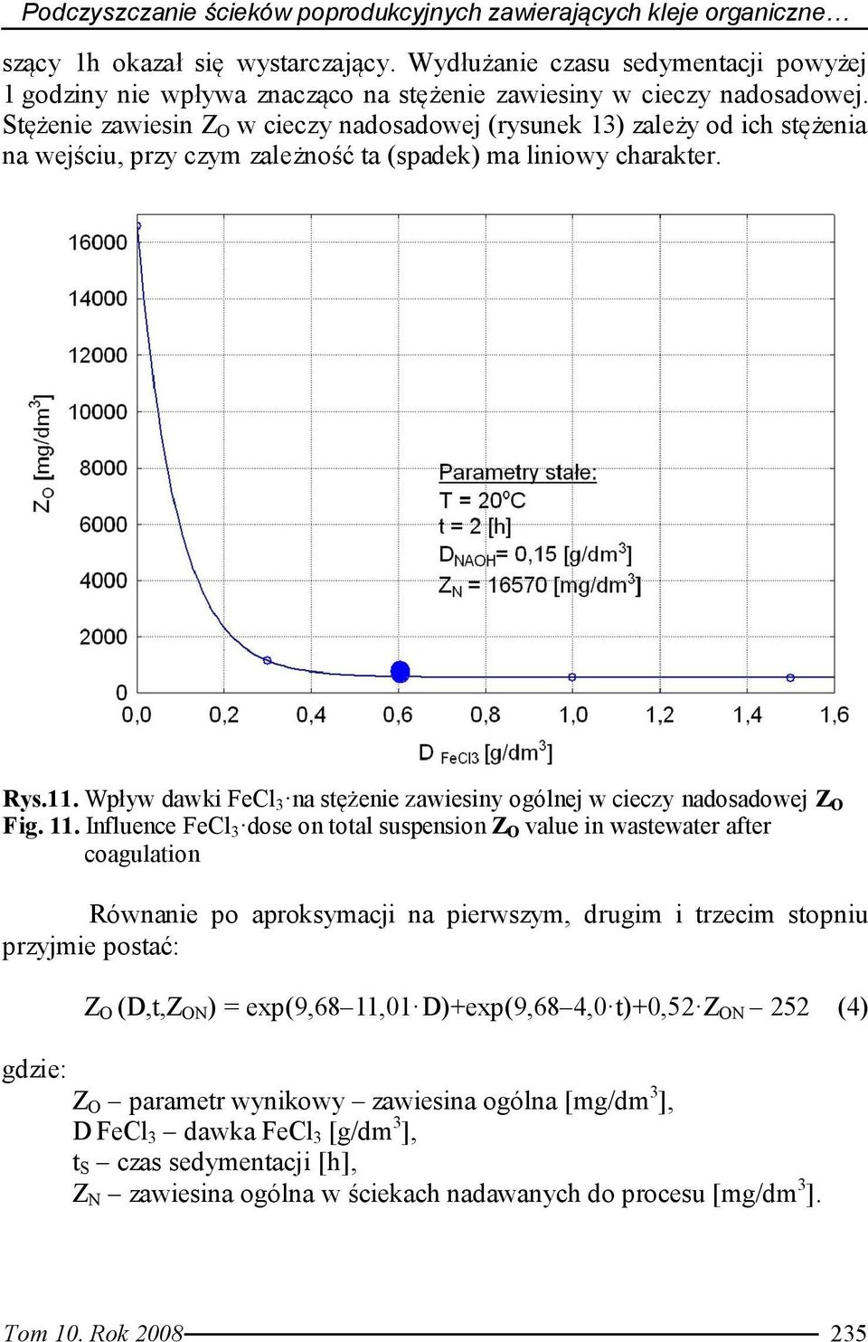 Stężenie zawiesin Z O w cieczy nadosadowej (rysunek 13) zależy od ich stężenia na wejściu, przy czym zależność ta (spadek) ma liniowy charakter. Rys.11.