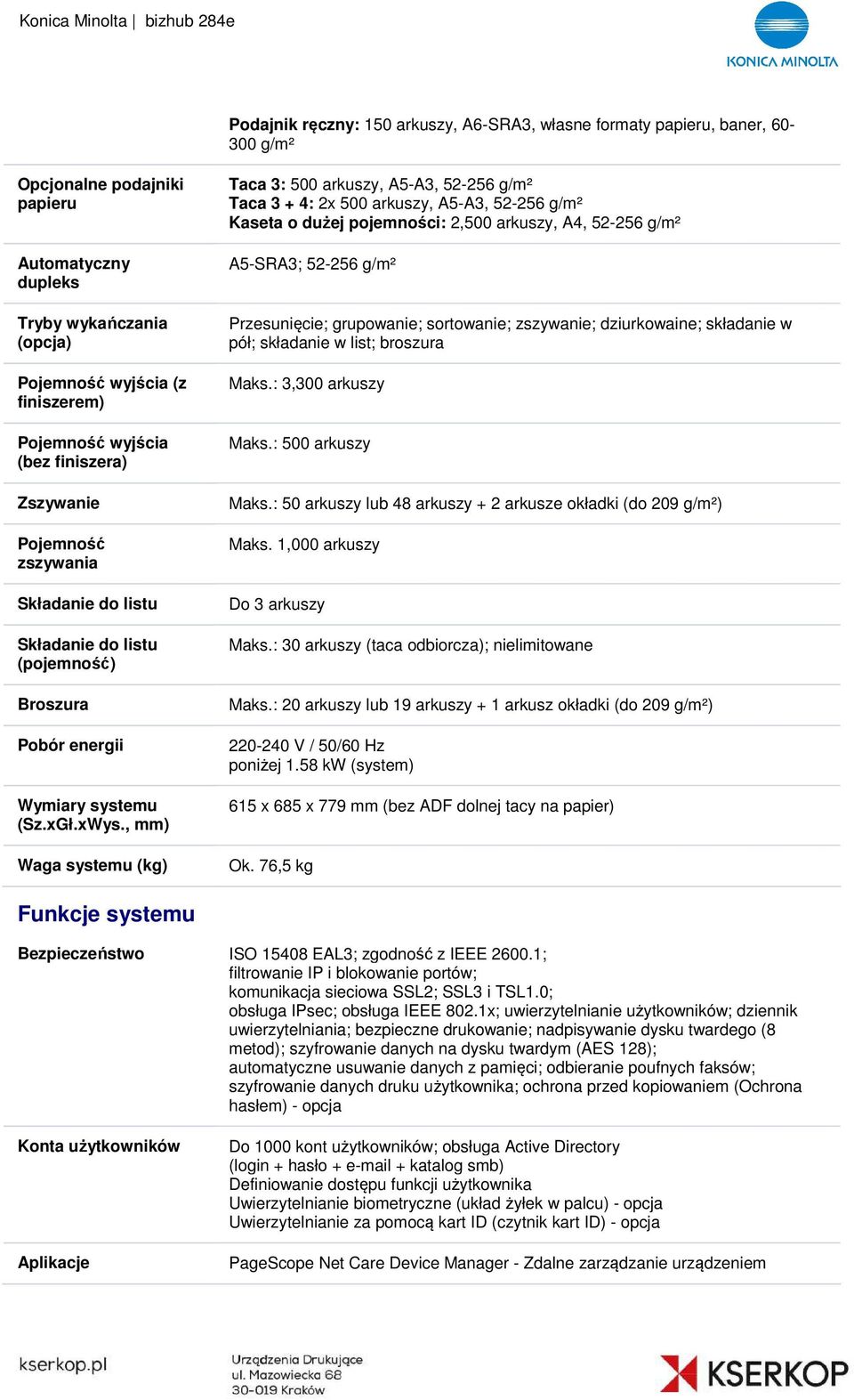 , mm) Waga systemu (kg) Taca 3: 500 arkuszy, A5-A3, 52-256 g/m² Taca 3 + 4: 2x 500 arkuszy, A5-A3, 52-256 g/m² Kaseta o dużej pojemności: 2,500 arkuszy, A4, 52-256 g/m² A5-SRA3; 52-256 g/m²