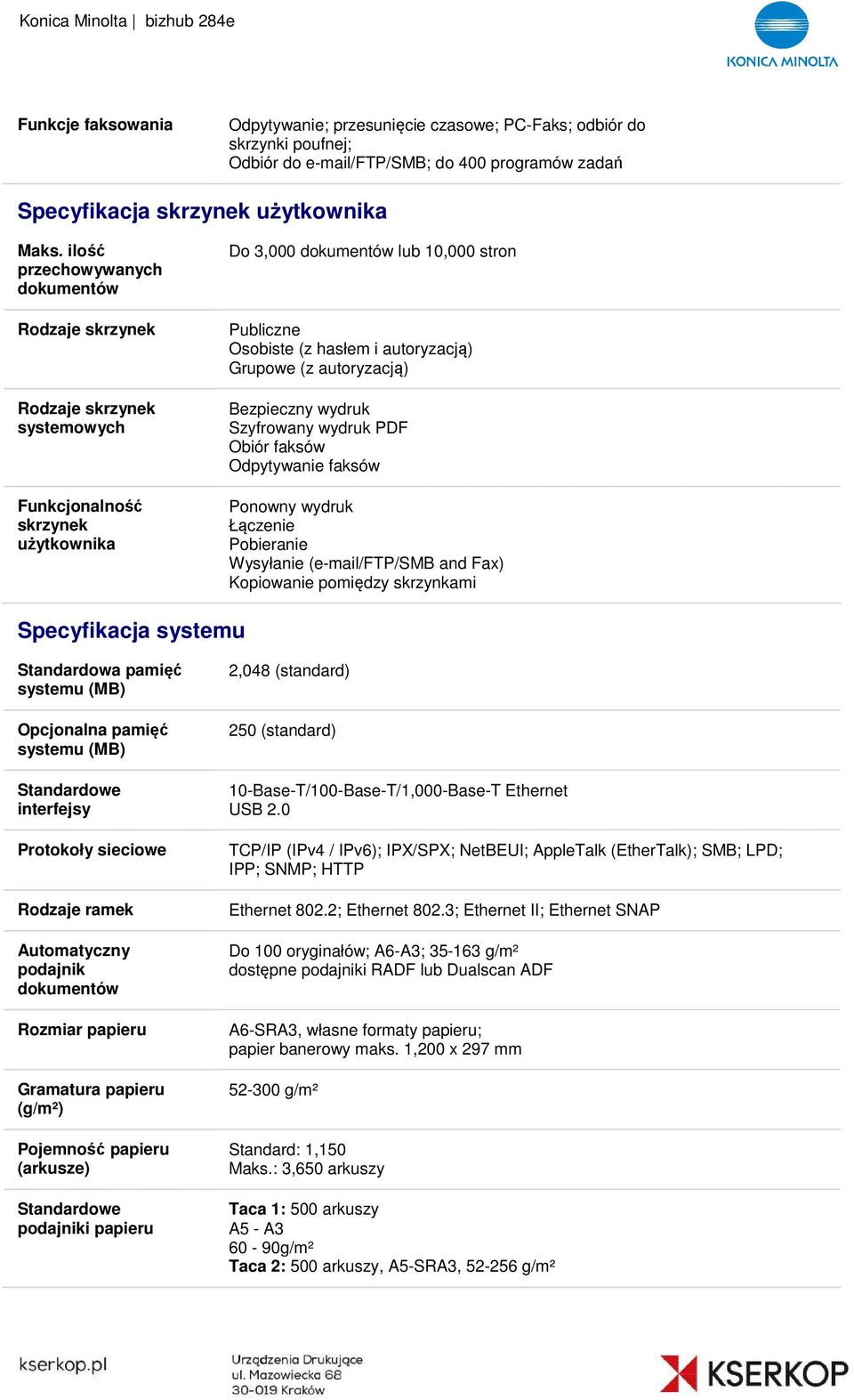 Grupowe (z autoryzacją) Bezpieczny wydruk Szyfrowany wydruk PDF Obiór faksów Odpytywanie faksów Ponowny wydruk Łączenie Pobieranie Wysyłanie (e-mail/ftp/smb and Fax) Kopiowanie pomiędzy skrzynkami