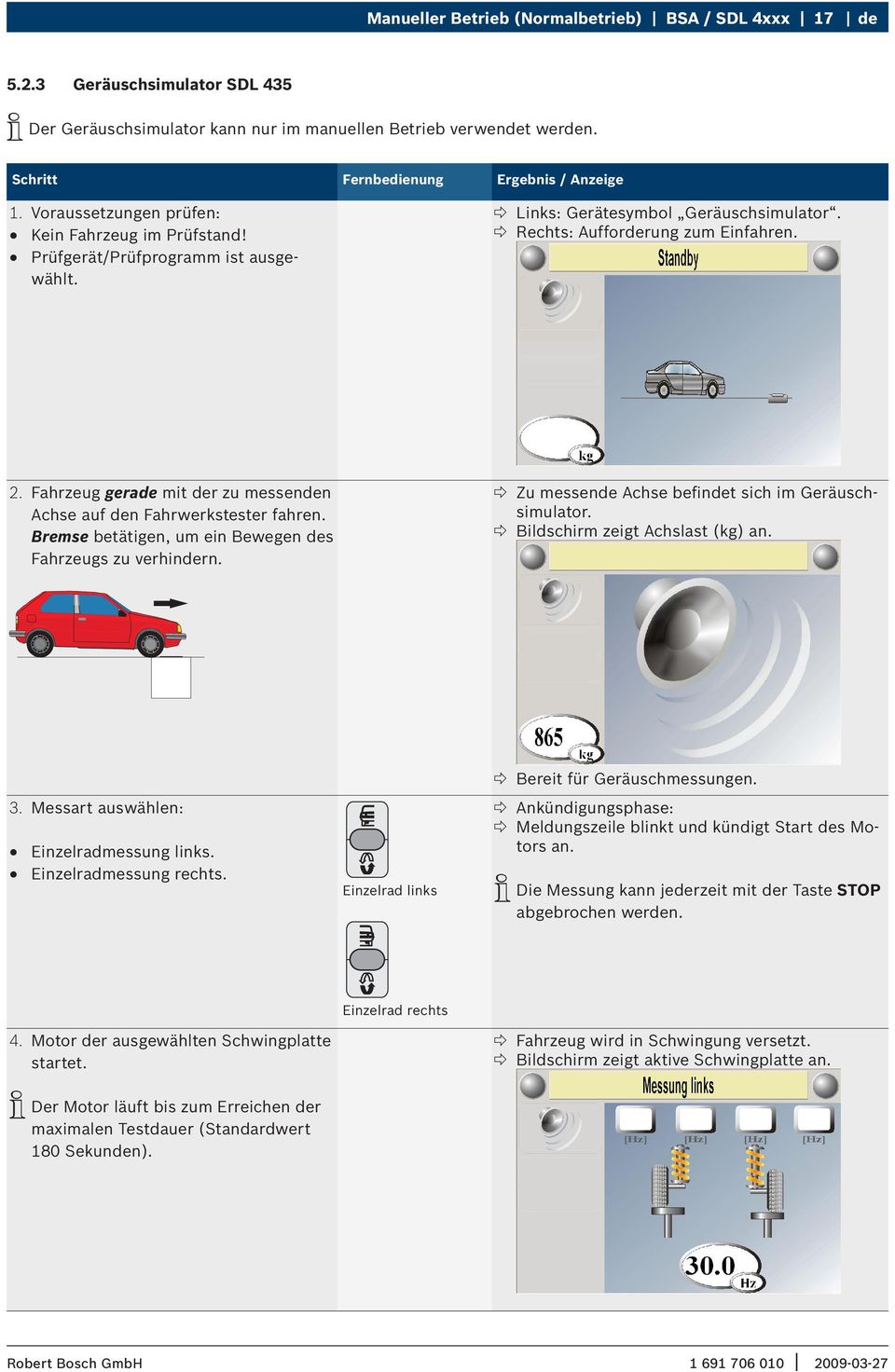 Fahrzeug gerade mit der zu messenden Achse auf den Fahrwerkstester fahren. Bremse betätigen, um ein Bewegen des Fahrzeugs zu verhindern. Zu messende Achse befindet sich im Geräuschsimulator.