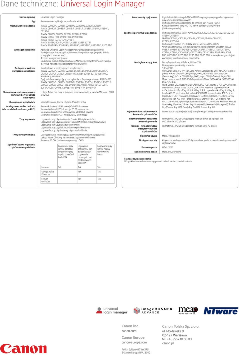 Manager Bezserwerowa aplikacja na platformie MEAP ir-adv C2020i/L, C2025i, C2030i/L, C2220i/L, C2225i, C2230i ir-adv C5030/i, C5035/i, C5045/i, C5051/i, C5235i, C5240i, C5250/i, C5255/i ir-adv