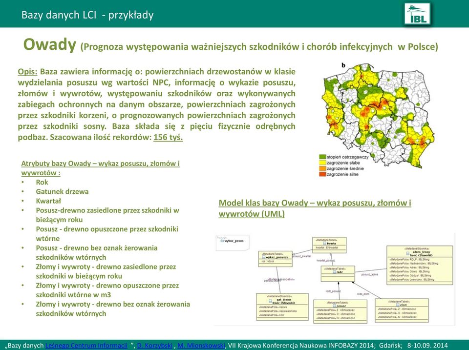 korzeni, o prognozowanych powierzchniach zagrożonych przez szkodniki sosny. Baza składa się z pięciu fizycznie odrębnych podbaz. Szacowana ilość rekordów: 156 tyś.