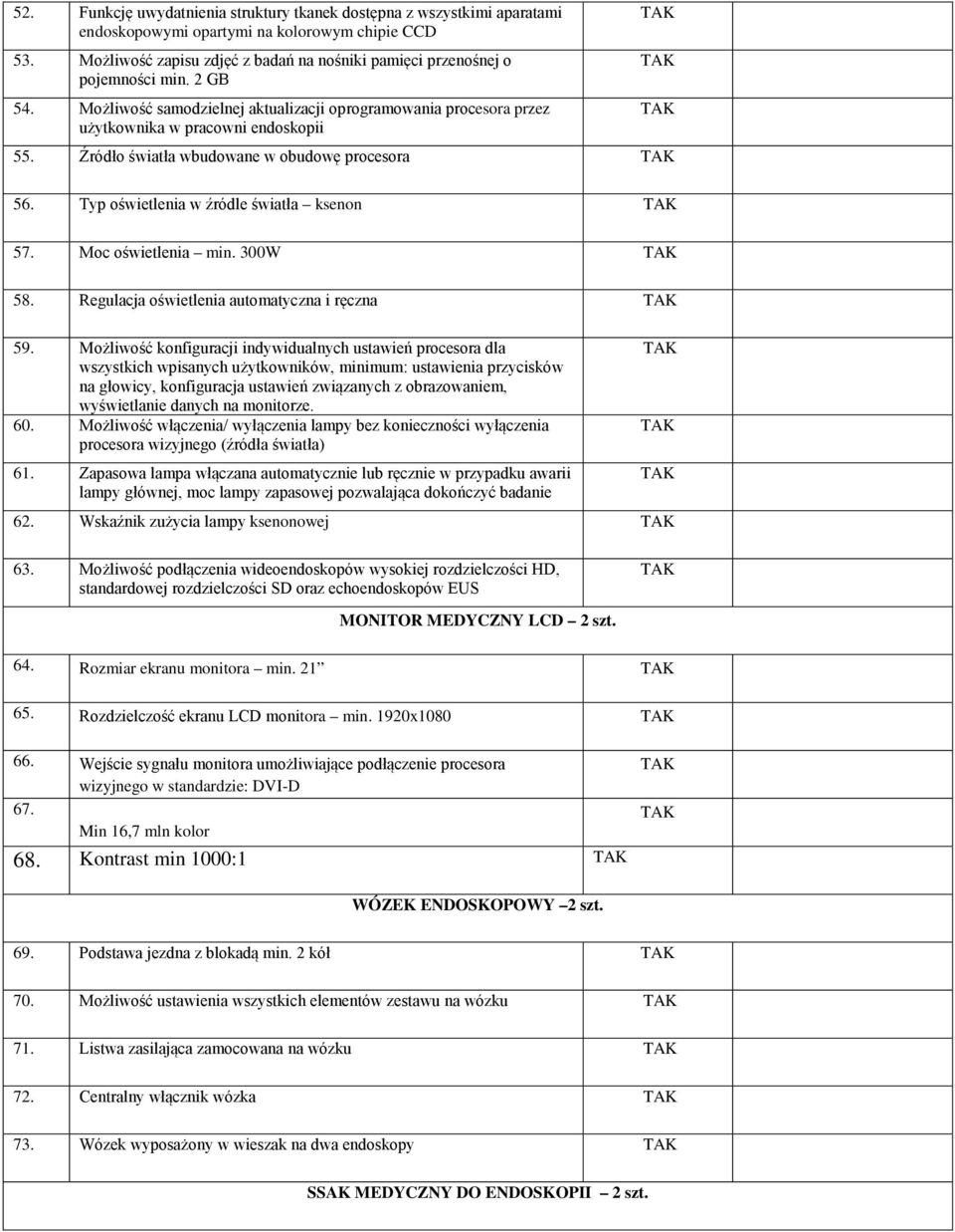 Źródło światła wbudowane w obudowę procesora 56. Typ oświetlenia w źródle światła ksenon 57. Moc oświetlenia min. 300W 58. Regulacja oświetlenia automatyczna i ręczna 59.