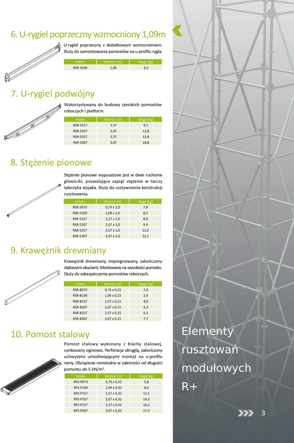 Krawężnik drewniany 10. Pomost stalowy Stężenie pionowe wyposażone jest w dwie ruchome głowiczki, pozwalające zapiąć stężenie w tarczy talerzyka stojaka. Służy do usztywnienia konstrukcji rusztowania.