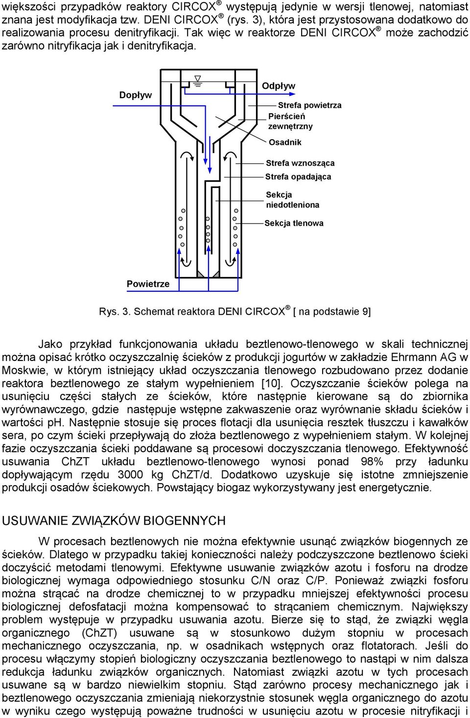 Dopływ Odpływ Strefa powietrza Pierścień zewnętrzny Osadnik Strefa wznosząca Strefa opadająca Sekcja niedotleniona Sekcja tlenowa Powietrze Rys. 3.