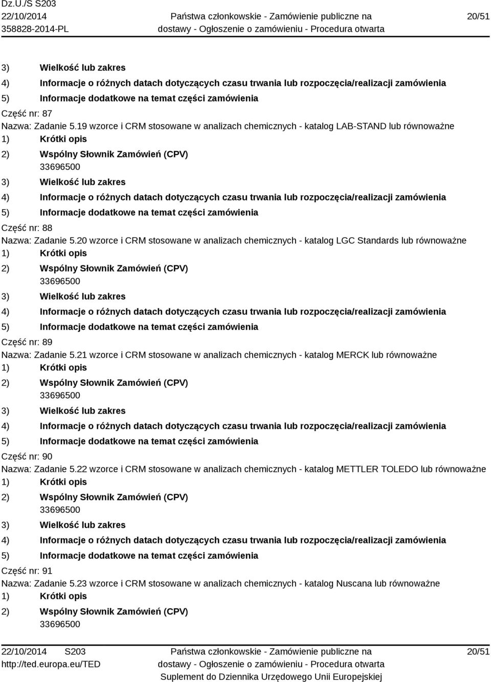 20 wzorce i CRM stosowane w analizach chemicznych - katalog LGC Standards lub Część nr: 89 Nazwa: Zadanie 5.