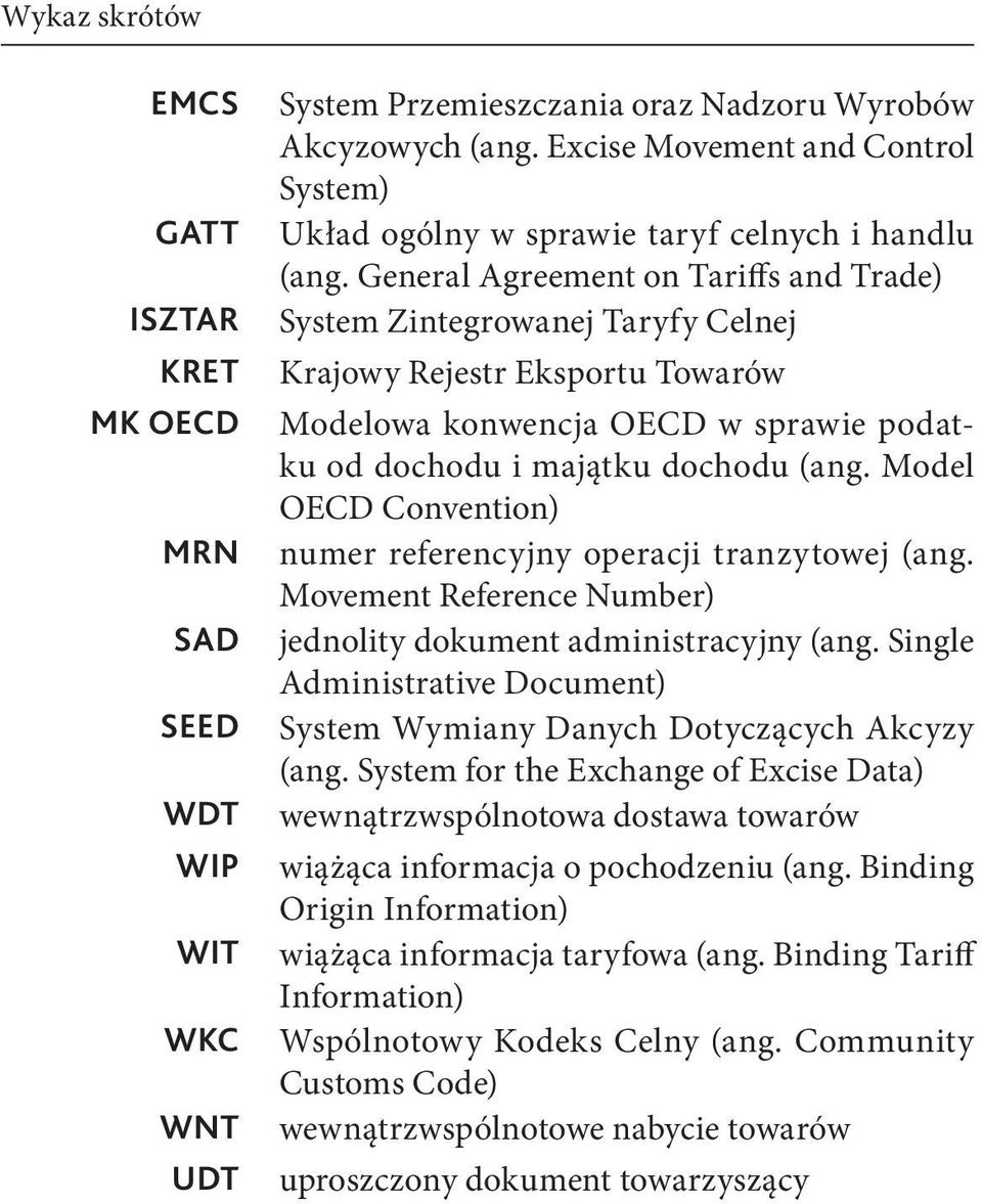 General Agreement on Tariffs and Trade) System Zintegrowanej Taryfy Celnej Krajowy Rejestr Eksportu Towarów Modelowa konwencja OECD w sprawie podatku od dochodu i majątku dochodu (ang.