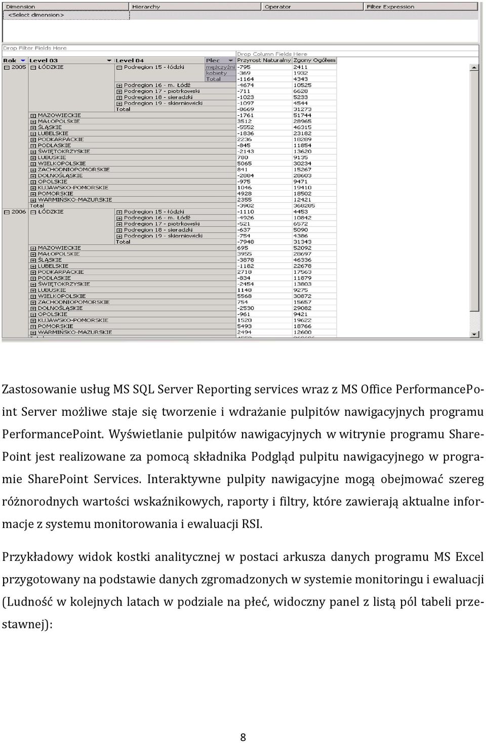 Interaktywne pulpity nawigacyjne mogą obejmować szereg różnorodnych wartości wskaźnikowych, raporty i filtry, które zawierają aktualne informacje z systemu monitorowania i ewaluacji RSI.