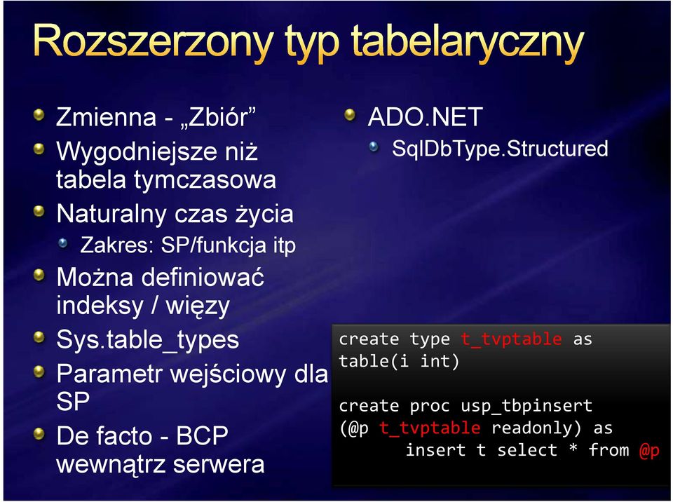 table_types Parametr wejściowy dla SP De facto - BCP wewnątrz serwera ADO.NET SqlDbType.