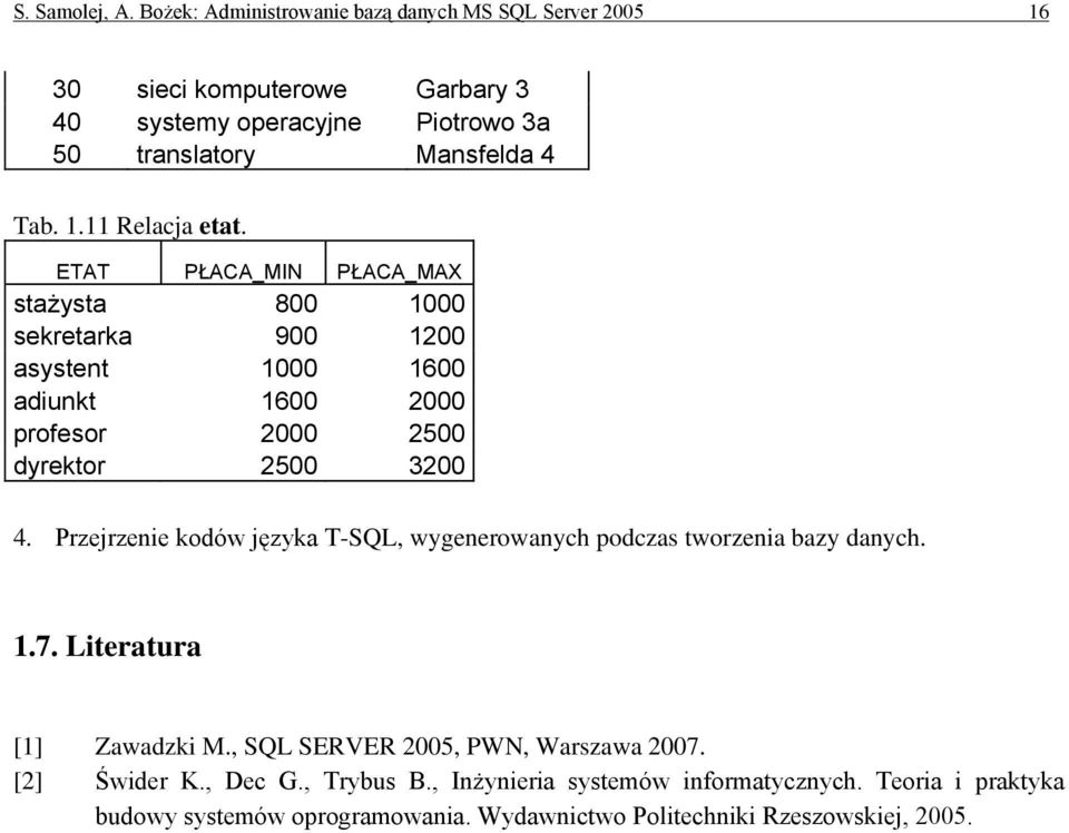 ETAT PŁACA_MIN PŁACA_MAX stażysta 800 1000 sekretarka 900 1200 asystent 1000 1600 adiunkt 1600 2000 profesor 2000 2500 dyrektor 2500 3200 4.