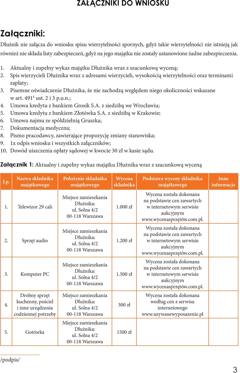 Spis wierzycieli Dłużnika wraz z adresami wierzycieli, wysokością wierzytelności oraz terminami zapłaty; 3. Pisemne oświadczenie Dłużnika, że nie zachodzą względem niego okoliczności wskazane w art.