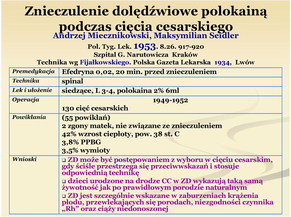 przed znieczuleniem Technika spinal Lek i ułożenie siedzące, L 3-4, polokaina 2% 6ml Operacja 1949-1952 130 cięć cesarskich Powikłania (55 powikłań) 2 zgony matek, nie związane ze znieczuleniem 42%