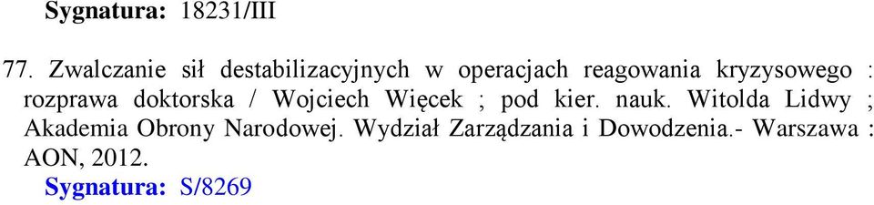 kryzysowego : rozprawa doktorska / Wojciech Więcek ; pod kier. nauk.