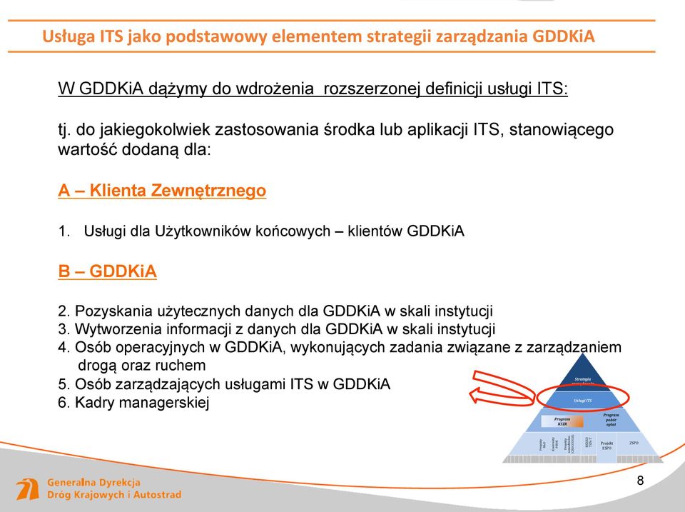 Usługi dla Użytkowników końcowych klientów GDDKiA B GDDKiA 2. Pozyskania użytecznych danych dla GDDKiA w skali instytucji 3.