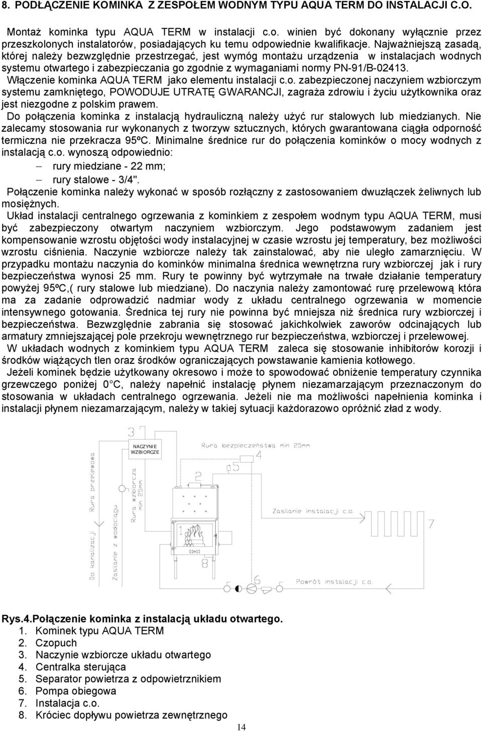 Włączenie kominka AQUA TERM jako elementu instalacji c.o. zabezpieczonej naczyniem wzbiorczym systemu zamkniętego, POWODUJE UTRATĘ GWARANCJI, zagraża zdrowiu i życiu użytkownika oraz jest niezgodne z polskim prawem.