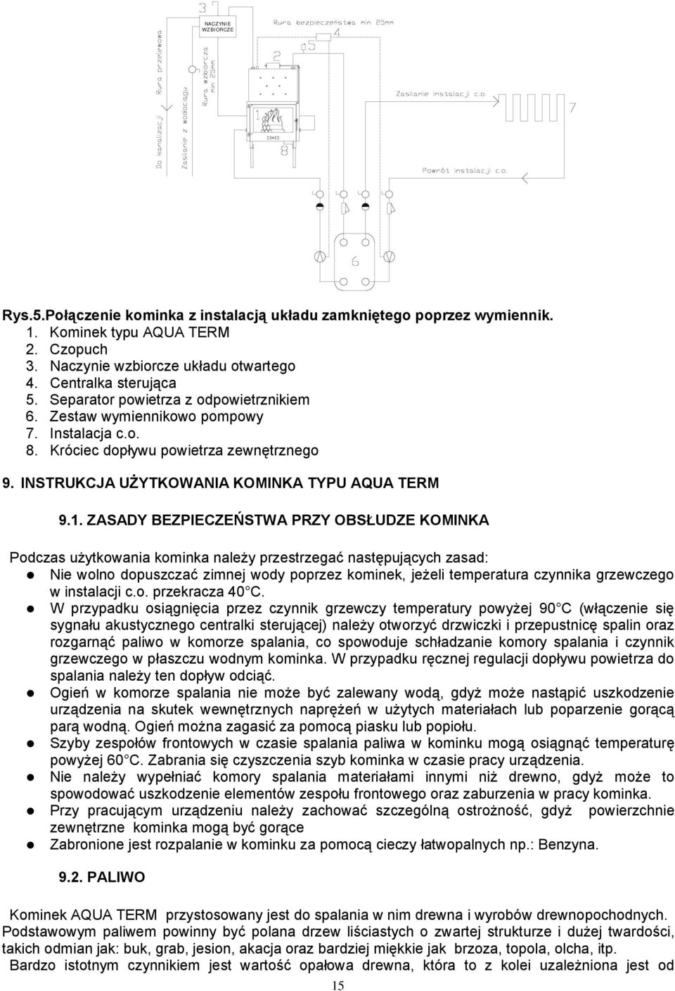 ZASADY BEZPIECZEŃSTWA PRZY OBSŁUDZE KOMINKA Podczas użytkowania kominka należy przestrzegać następujących zasad: Nie wolno dopuszczać zimnej wody poprzez kominek, jeżeli temperatura czynnika