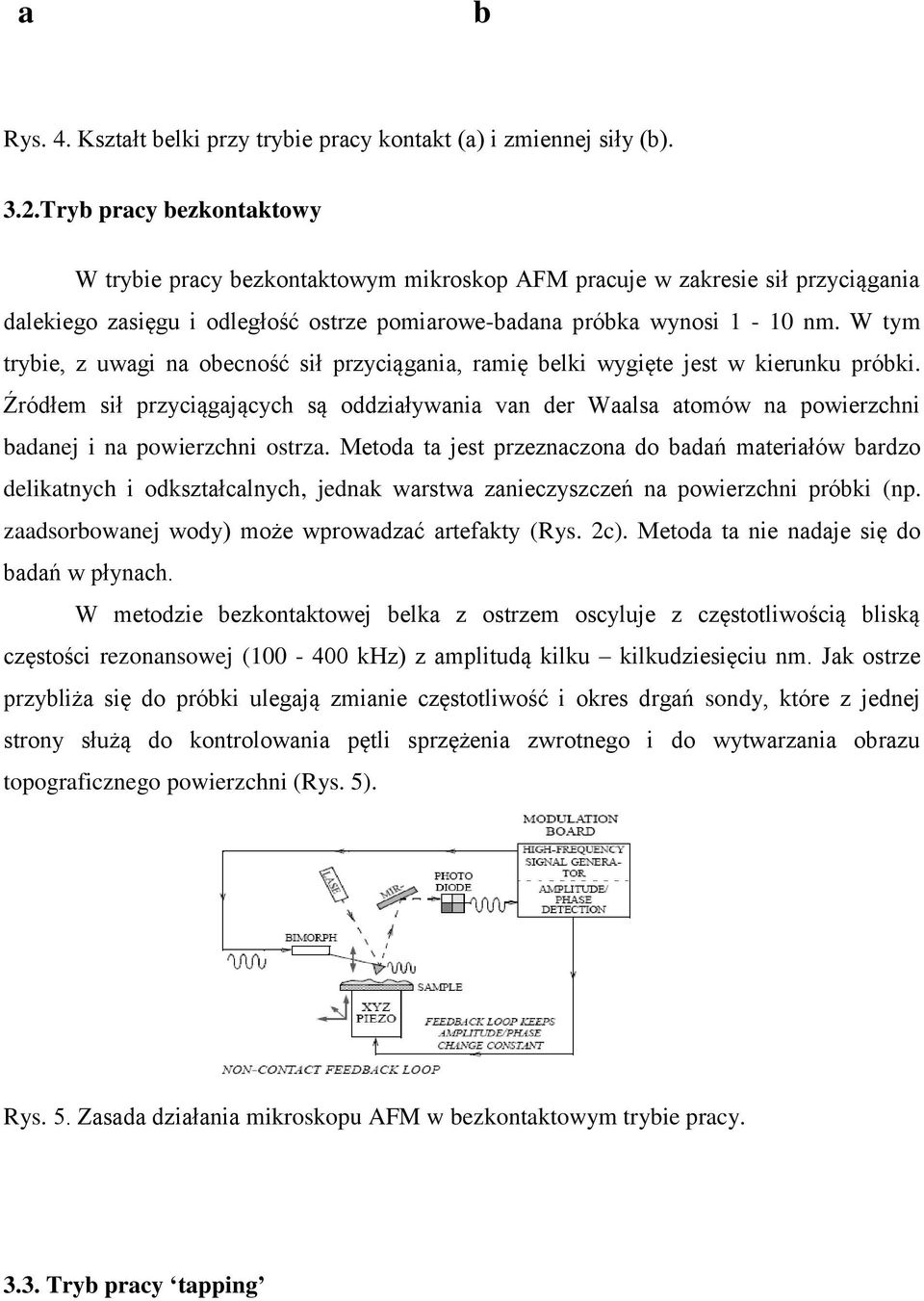 W tym trybie, z uwagi na obecność sił przyciągania, ramię belki wygięte jest w kierunku próbki.