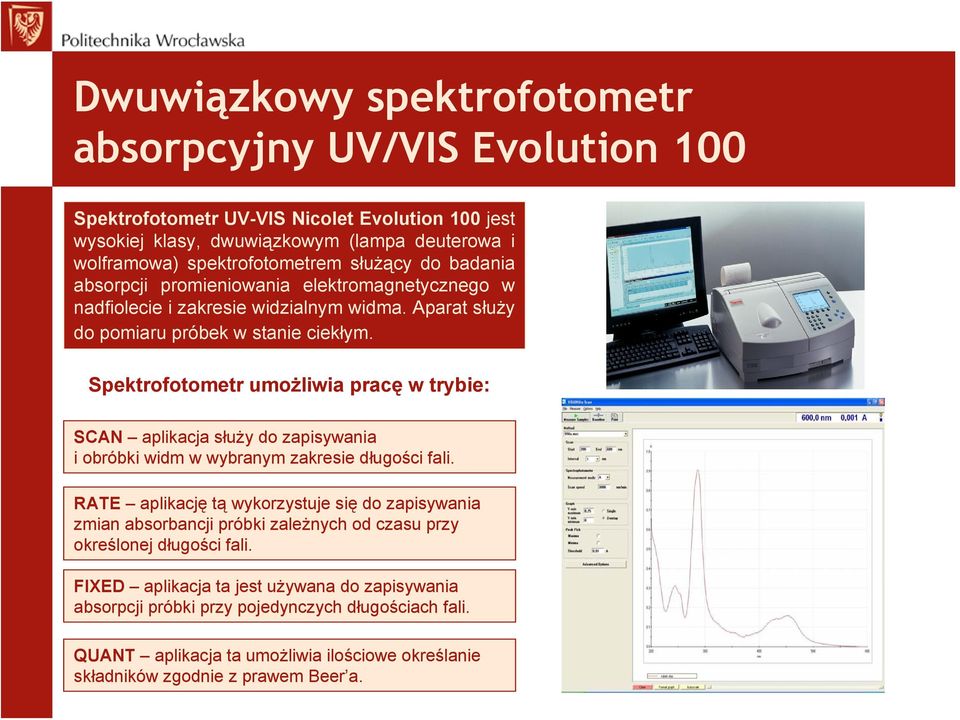 Spektrofotometr umożliwia pracę w trybie: SCAN aplikacja służy do zapisywania i obróbki widm w wybranym zakresie długości fali.