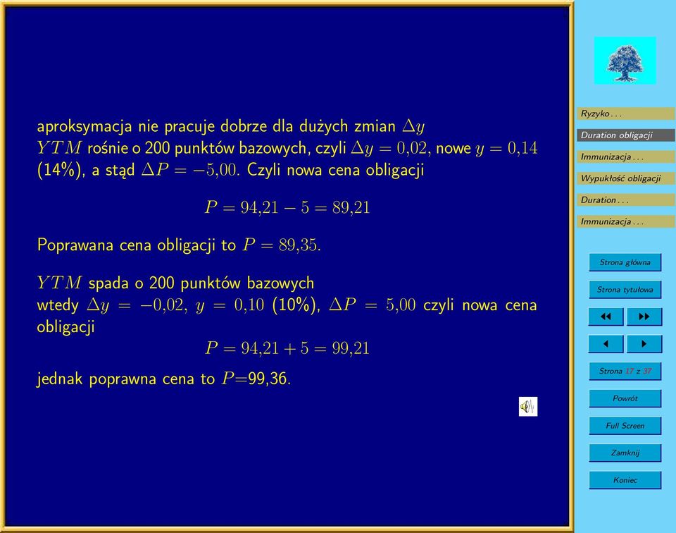 Czyli nowa cena obligacji P = 94,21 5 = 89,21 Poprawana cena obligacji to P = 89,35.