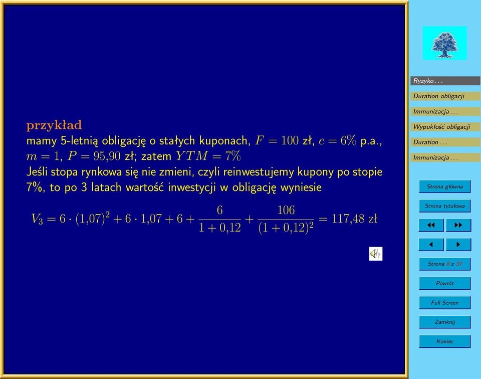 95,90 zł; zatem Y T M = 7% Jeśli stopa rynkowa się nie zmieni, czyli reinwestujemy