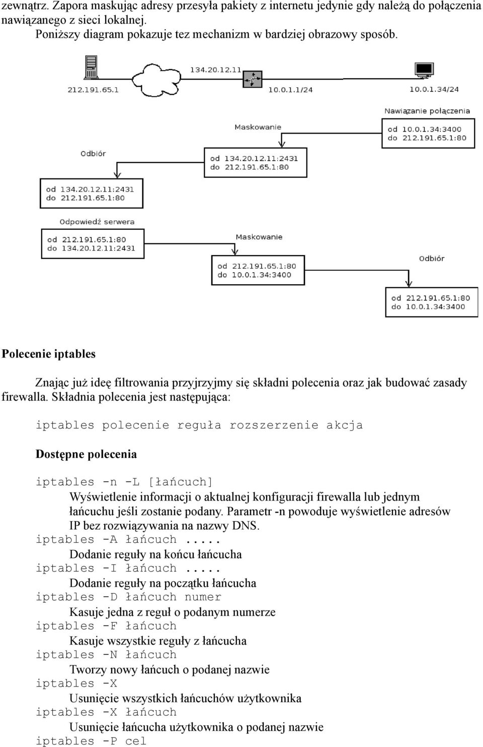 Składnia polecenia jest następująca: iptables polecenie reguła rozszerzenie akcja Dostępne polecenia iptables -n -L [łańcuch] Wyświetlenie informacji o aktualnej konfiguracji firewalla lub jednym