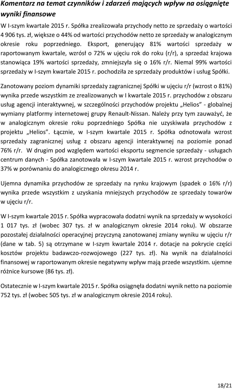 Eksport, generujący 81% wartości sprzedaży w raportowanym kwartale, wzrósł o 72% w ujęciu rok do roku (r/r), a sprzedaż krajowa stanowiąca 19% wartości sprzedaży, zmniejszyła się o 16% r/r.