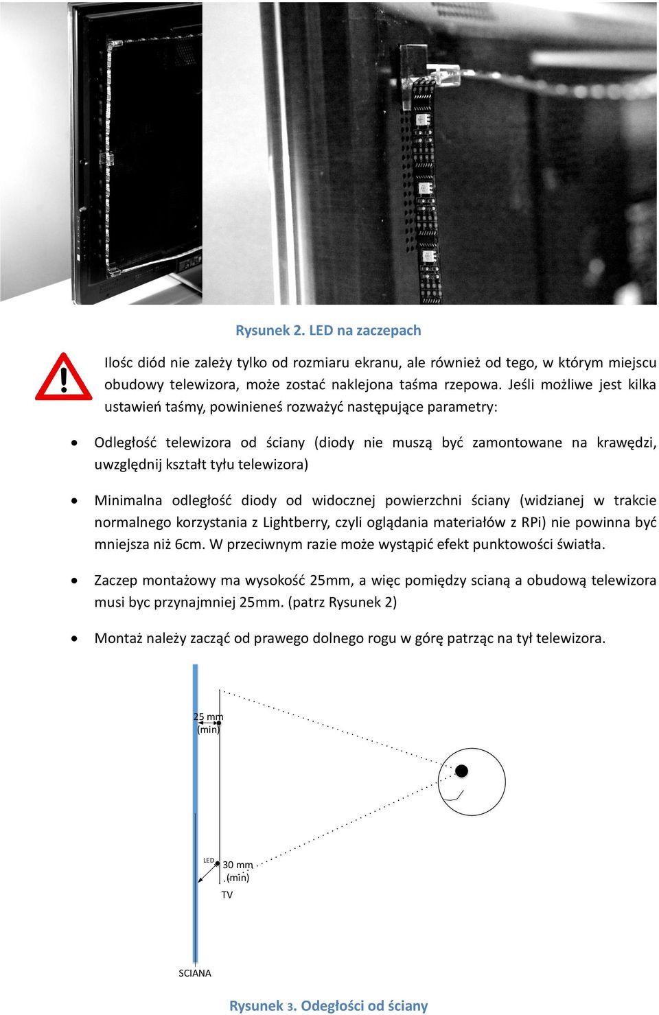 Minimalna odległość diody od widocznej powierzchni ściany (widzianej w trakcie normalnego korzystania z Lightberry, czyli oglądania materiałów z RPi) nie powinna być mniejsza niż 6cm.