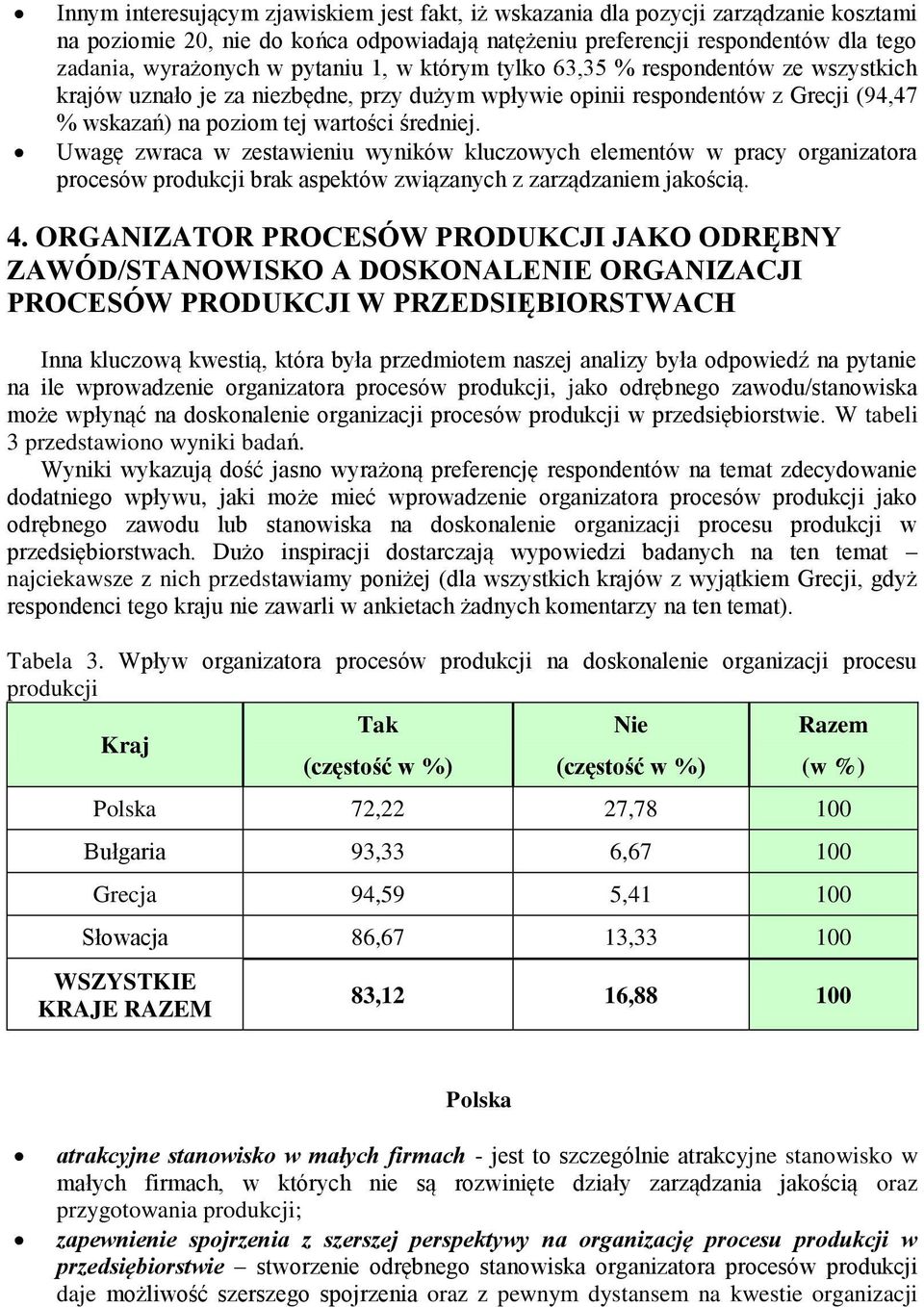 Uwagę zwraca w zestawieniu wyników kluczowych elementów w pracy organizatora procesów produkcji brak aspektów związanych z zarządzaniem jakością. 4.