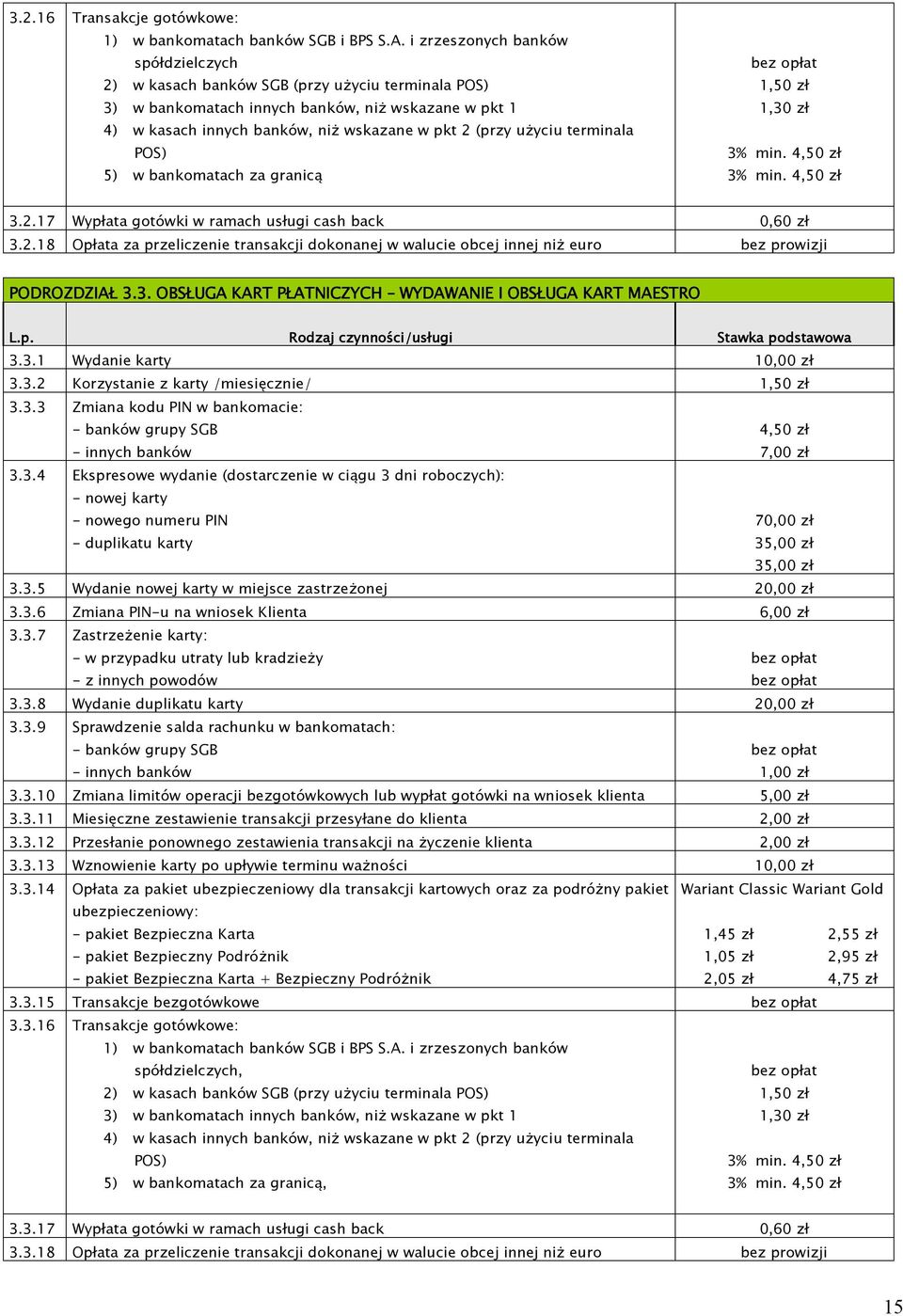 użyciu terminala POS) 5) w bankomatach za granicą 1,50 zł 1,30 zł 3.2.17 Wypłata gotówki w ramach usługi cash back 0,60 zł 3.2.18 Opłata za przeliczenie transakcji dokonanej w walucie obcej innej niż euro bez prowizji PODROZDZIAŁ 3.