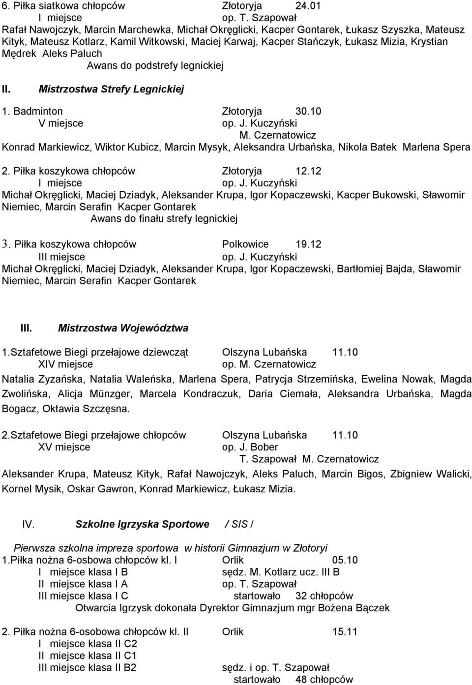 Mędrek Aleks Paluch Awans do podstrefy legnickiej II. Mistrzostwa Strefy Legnickiej 1. Badminton Złotoryja 30.10 V miejsce M.