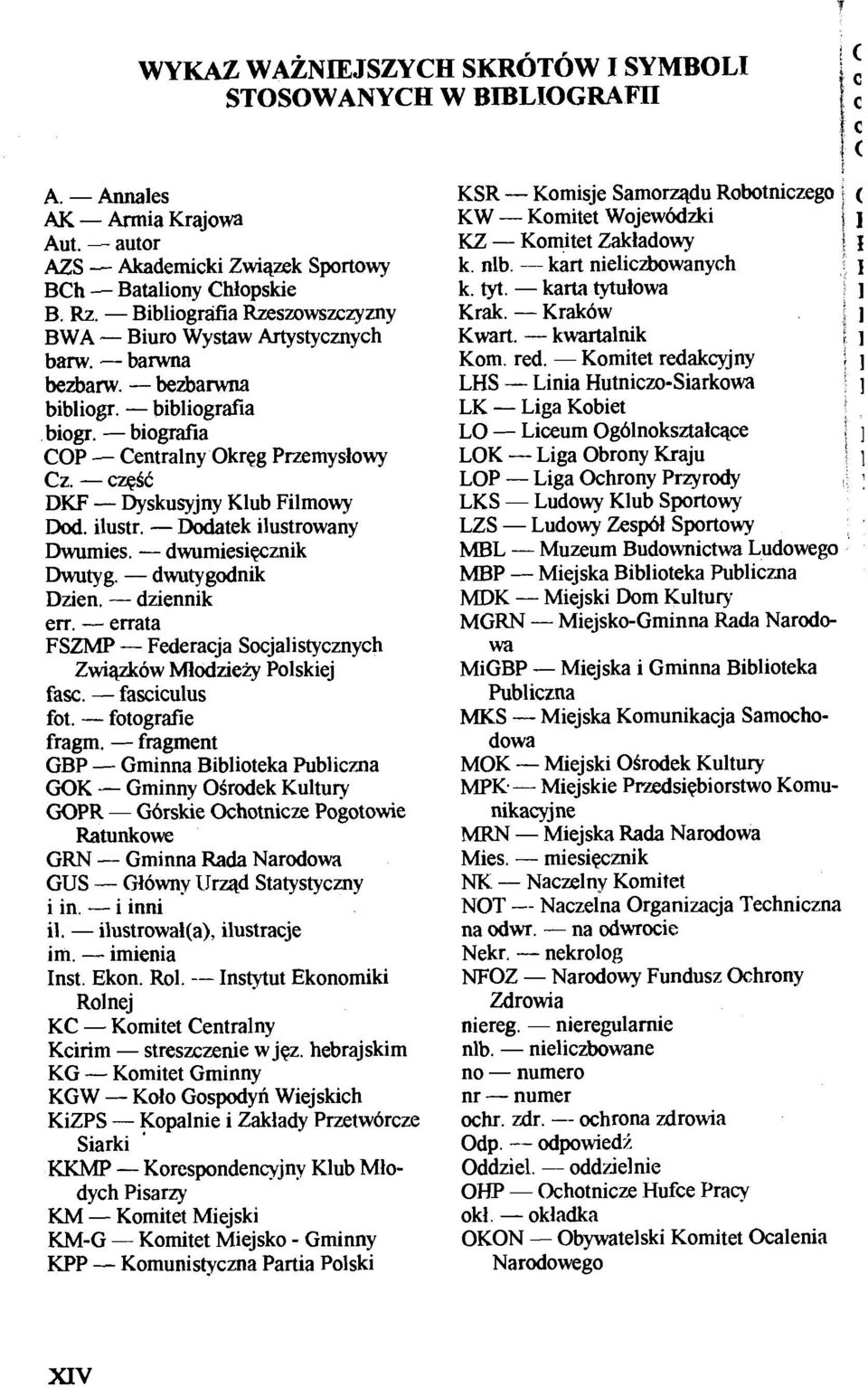 - Krakow 1 BWA - Biuro Wystaw Futystycznych Kwart. - kwartalnik ; I banv. - barwna Kom red. - Komitet redakcyjny, I bezbanv. - bezbarwna LHS - Linia Hutniczo-Siarkowa I bibliogr.