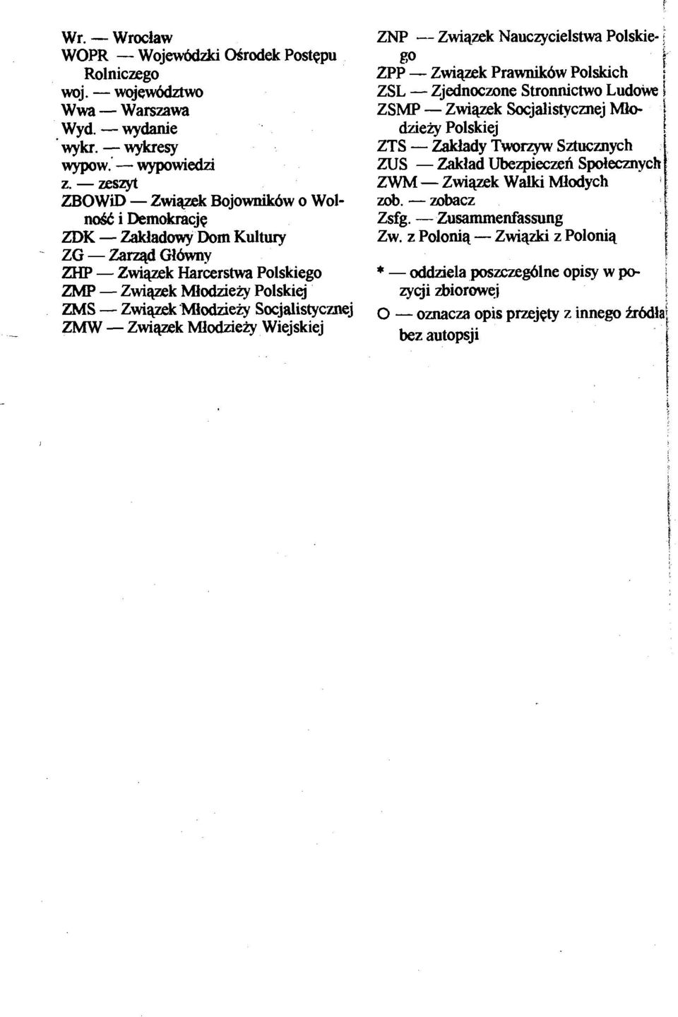 Socjalistycznej ZMW - Zwiqzek Mlodzieiy Wiejskiej ZNP -- Zwiqzek Nauczycielstwa Polskie- i go r ZPP - Zwiqzek Prawnikbw Polskich ; ZSL - Zjednoczone Stronnictwo Ludowe ZSMP - Zwiqzek Socjalistycznej