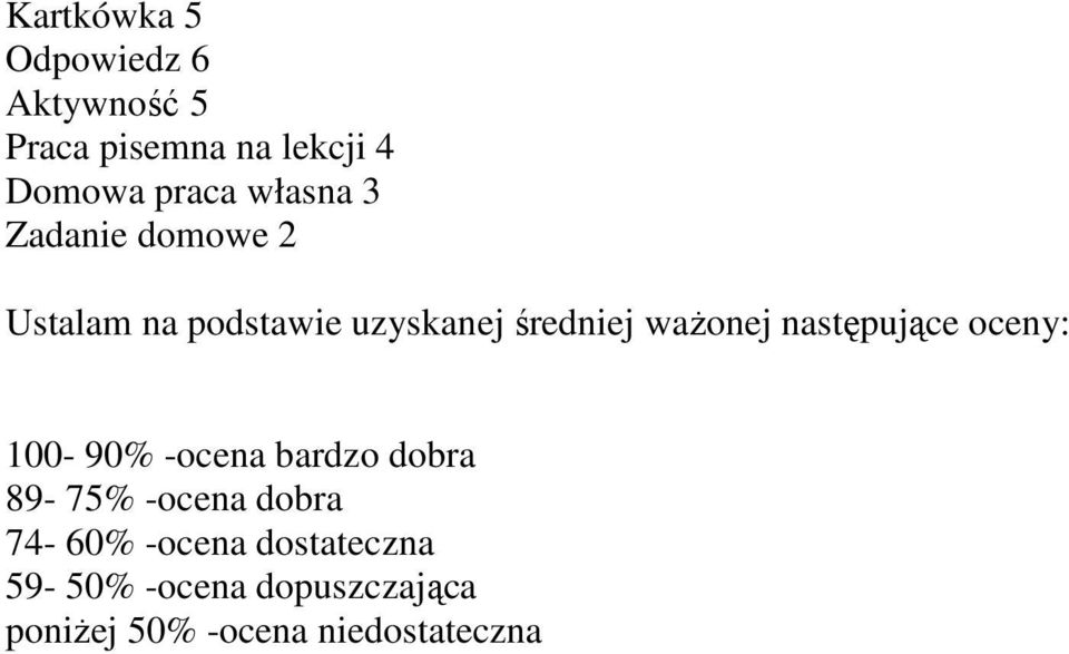 następujące oceny: 100-90% -ocena bardzo dobra 89-75% -ocena dobra 74-60%