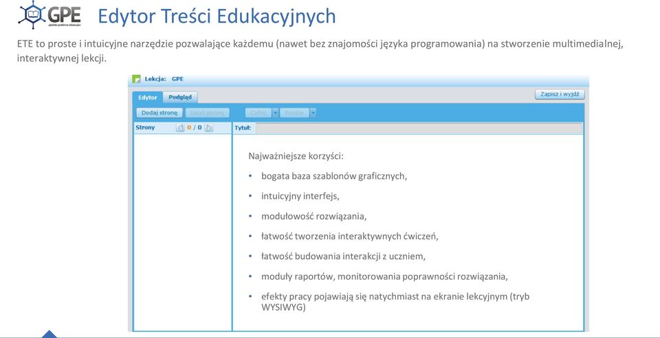 Najważniejsze korzyści: bogata baza szablonów graficznych, intuicyjny interfejs, modułowość rozwiązania, łatwość tworzenia