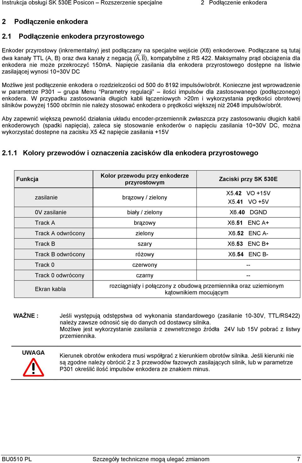 Napięcie zasilania dla enkodera przyrostowego dostępne na listwie zasilającej wynosi 10 30V DC Możliwe jest podłączenie enkodera o rozdzielczości od 500 do 8192 impulsów/obrót.