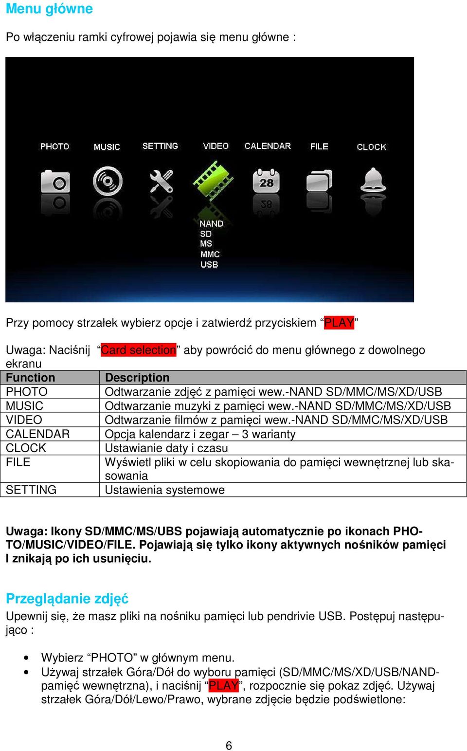 -nand SD/MMC/MS/XD/USB CALENDAR Opcja kalendarz i zegar 3 warianty CLOCK Ustawianie daty i czasu FILE Wyświetl pliki w celu skopiowania do pamięci wewnętrznej lub skasowania SETTING Ustawienia