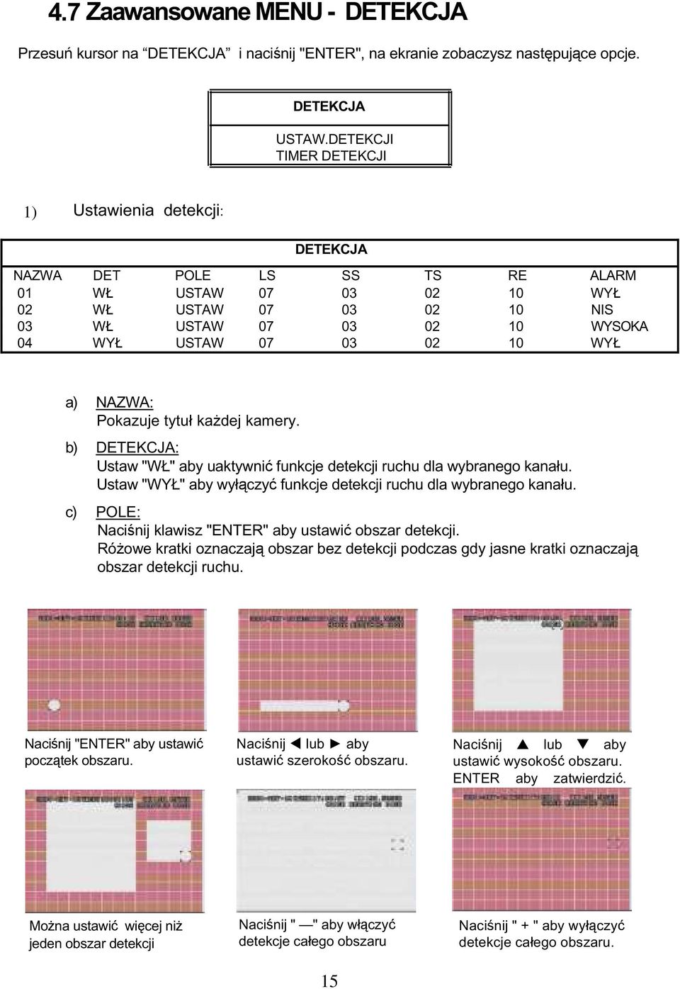 10 WYŁ a) NAZWA: Pokazuje tytuł każdej kamery. b) DETEKCJA: Ustaw "WŁ" aby uaktywnić funkcje detekcji ruchu dla wybranego kanału. Ustaw "WYŁ" aby wyłączyć funkcje detekcji ruchu dla wybranego kanału.