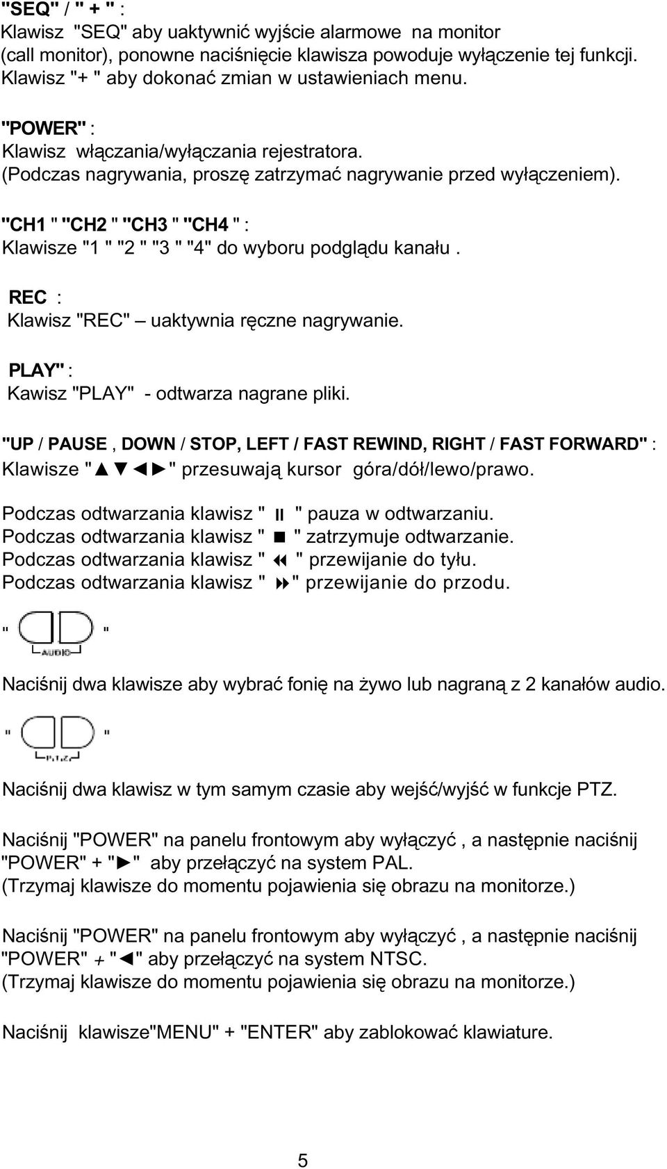 "CH1 " "CH2 " "CH3 " "CH4 " : Klawisze "1 " "2 " "3 " "4" do wyboru podglądu kanału. REC : Klawisz "REC" uaktywnia ręczne nagrywanie. PLAY" : Kawisz "PLAY" - odtwarza nagrane pliki.