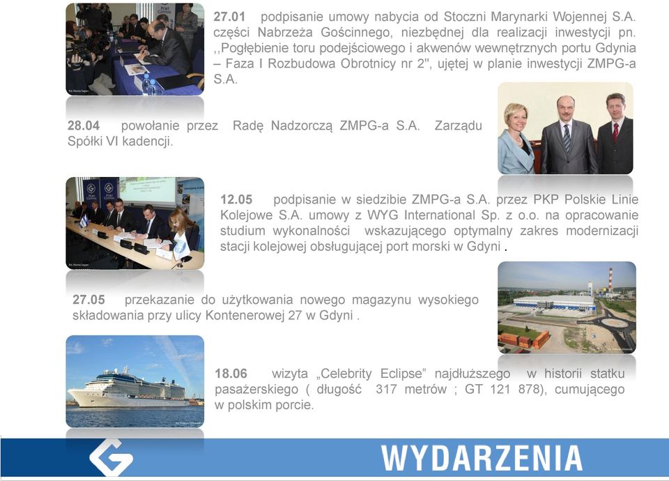 12.05 podpisanie w siedzibie ZMPG-a S.A. przez PKP Polskie Linie Kolejowe S.A. umowy z WYG International Sp. z o.o. na opracowanie studium wykonalności wskazującego optymalny zakres modernizacji stacji kolejowej obsługującej port morski w Gdyni.