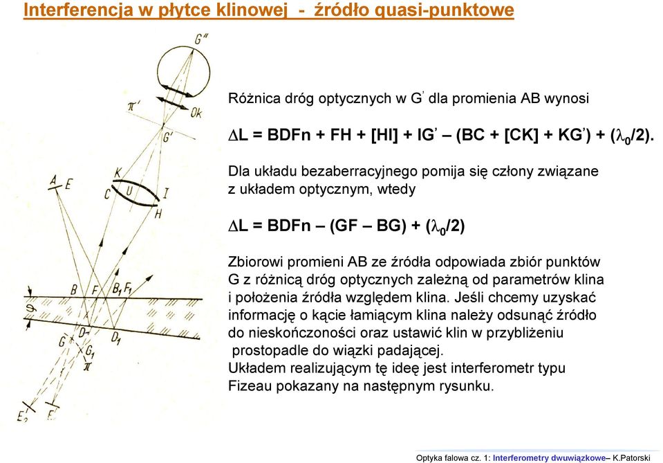 z różnicą dróg optycznych zależną od parametrów klina i położenia źródła względem klina.