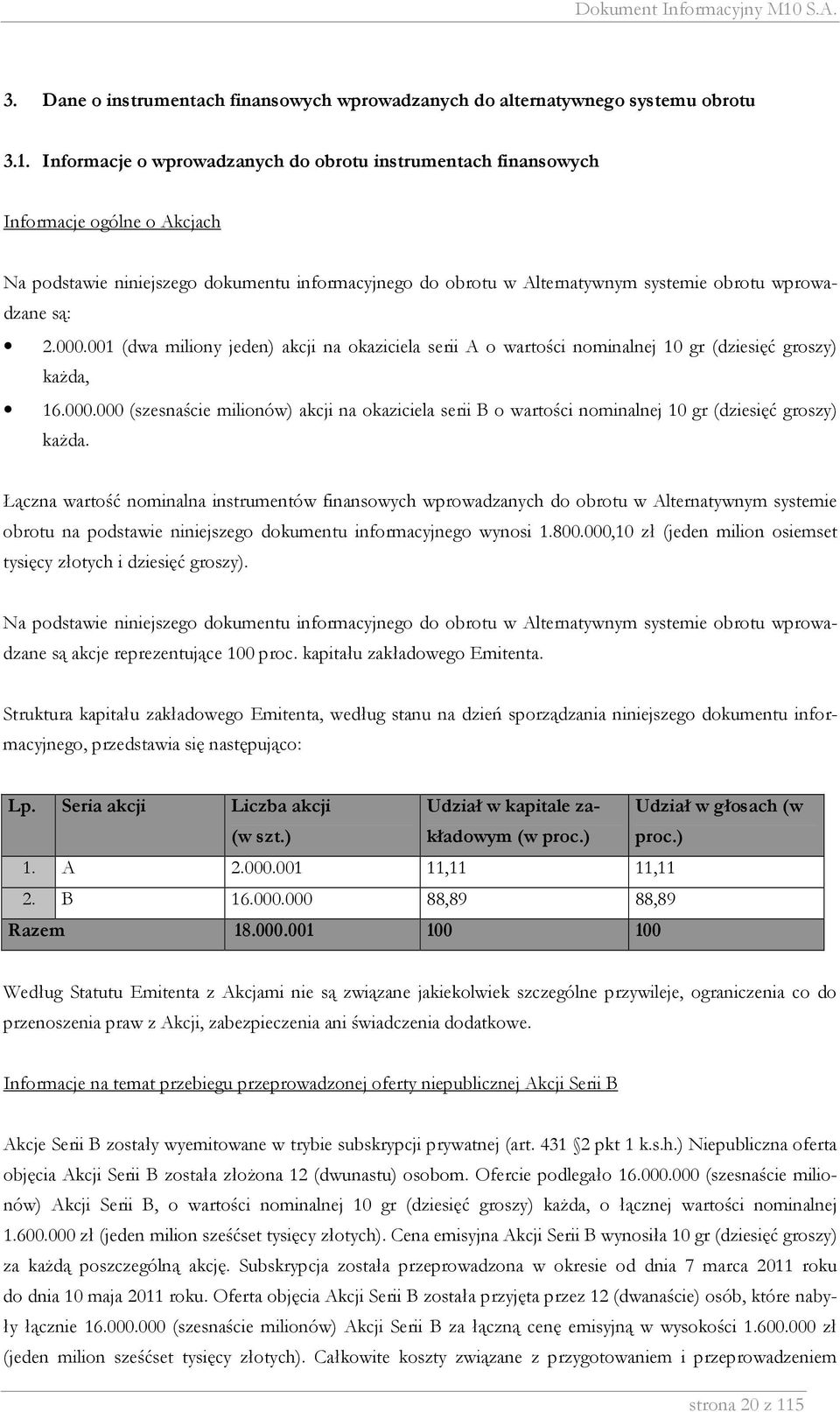 2.000.001 (dwa miliony jeden) akcji na okaziciela serii A o wartości nominalnej 10 gr (dziesięć groszy) każda, 16.000.000 (szesnaście milionów) akcji na okaziciela serii B o wartości nominalnej 10 gr (dziesięć groszy) każda.