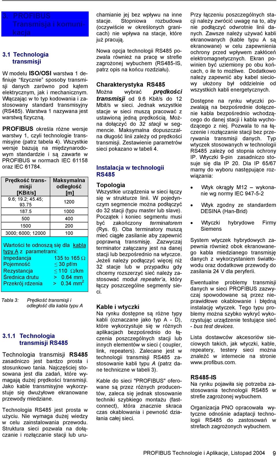 PROFIBUS określa różne wersje warstwy 1, czyli technologie transmisyjne (patrz tabela 4).