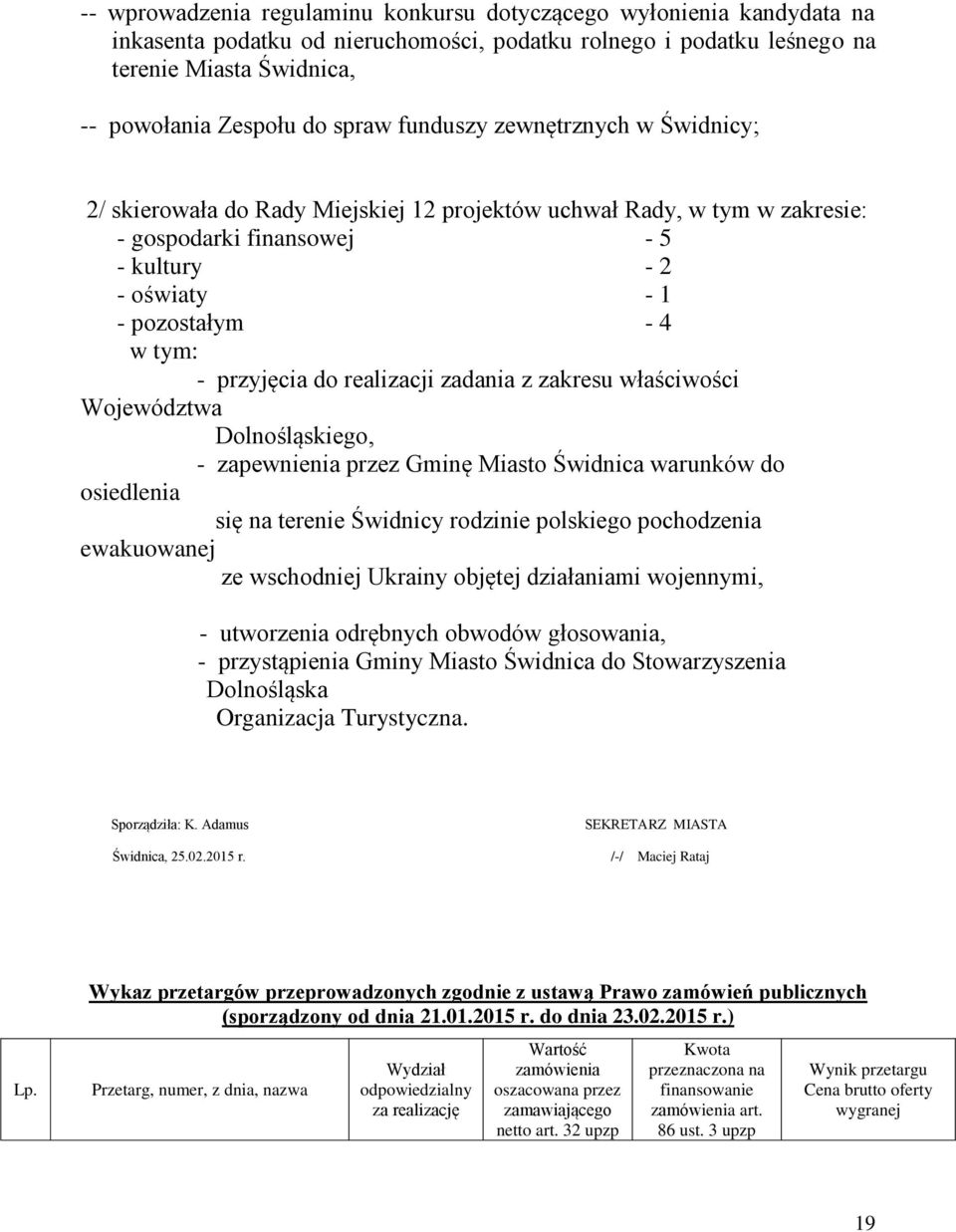 przyjęcia do realizacji zadania z zakresu właściwości Województwa Dolnośląskiego, - zapewnienia przez Gminę Miasto Świdnica warunków do osiedlenia się na terenie Świdnicy rodzinie polskiego